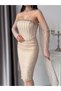 Beige Stone Embroidered Lace Midi Evening Dress with Scarf and Gloves - 6