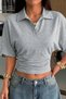 Women's Gray Waist-Slit Bat Sleeve Polo Collar Crop Blouse - 5