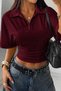 Women's Burgundy Short Sleeve Waist-Fitted Loose Sleeves Crop Polo Collar T-Shirt Basic - 6
