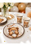 Teddy Bear Coffee Retro Color Themed Cardboard Plate and Cup Set of 8