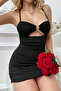 Women's Black Draped Low-Cut Stylish Mini Nightgown with Stone Ring Detail - 5