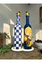 750 ml New Blue Lemon and Checkered Pattern Glass Oil Pot Set of 2 – Decorative Style with Gold Head and Stone Presentation Stand - 7