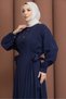 Side Pleat and Belt Detailed Dress Navy Blue - 7