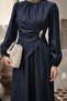 Dark Blue Dress with Gathered Collar and Gold Buckle - 3