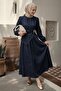 Dark Blue Dress with Gathered Collar and Gold Buckle