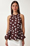 Polka Dot Patterned Balloon Woven Blouse Lzv0070 Brown