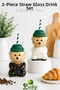 2-Piece Glass Luxury Barista Cold Drink Cup with Teddy Bear Design 550 ml