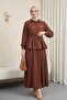 Parted Gathered Blouse Skirt Set -Brown