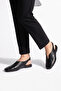 Black Genuine Leather Ankle Elastic Slingback Women's Ballerina Shoes - 4