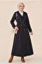 Long Trench Coat with Epaulettes on the Sleeves and Shoulders and Pockets - Black - 3