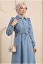 Half-Zip Denim Dress with Tunnel Drawstring - Ice Blue - 4