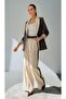 Contrast Color Paneled Blazer Jacket Palazzo Pants Cream - Anthracite Women's Suit - 3