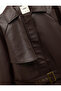 Long Sleeve Faux Leather Jacket with Wind Cover Detail, Pockets and Belt - 6