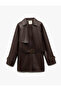 Long Sleeve Faux Leather Jacket with Wind Cover Detail, Pockets and Belt - 4