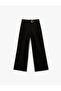 Comfortable Fit Belt Detail Pocketed Regular Waist Wide Leg Fabric Trousers - 3