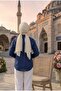 Hijab Collar Is Closed Natural Linen Fabric Loose Fit Comfortable Cut Shirt Dark Blue - 3