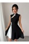New Season Women's Half Turtleneck Window-Cut Low-Cut and Double Color Detail Mini Dress - 4