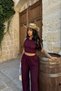 Women's Plum Zero Sleeve Blouse Wide Leg Pants Reverse Stitch Detail Set