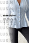 Women's Blue Buttoned V-Neck Shirt with Pleated Waist and Pencil Detail - 2