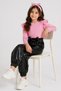 Girl's, Black Leather Bow Detailed Trousers, Pink Shoulder Ruffle Badi and Headband Set. - 3