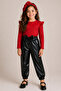 Girls' black leather bow-detail pants, red ruffled-shoulder bodysuit, and headband set. - 3