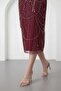 Women's Burgundy Boat Neck Beaded Midi Evening Dress - 4