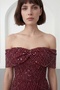 Women's Burgundy Boat Neck Beaded Midi Evening Dress - 2