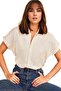 Women's Cream Linen Bat Short Sleeve Shirt Buttoned - 2