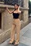 Women's Camel Linen Textured Loose-Fit Palazzo Trousers - 6