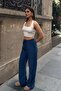 Women's Navy Blue Linen Textured Loose-Fit Palazzo Trousers - 6