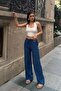 Women's Navy Blue Linen Textured Loose-Fit Palazzo Trousers - 3