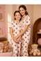 Mother & Daughter Ecru Color Pink Striped Teddy Bear Pattern Cute Spring Shirt Collar Buttoned Children's Pajama Set