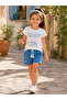 Girls' Top and Bottom Set Printed Ecru T-Shirt and Polka Dot Blue Shorts - 8