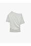 Slim Fit Drape Detailed Off-The-Shoulder Boat Neck T-Shirt - 4