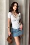 Women's Lace V-Neck Ribbed Knitted Blouse - 2