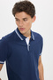 Men's Slim Fit Slim Fit 100% Cotton Plain Piqué Collar and Sleeve Detail Navy Blue Polo Neck T-Shirt - 5
