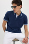 Men's Slim Fit Slim Fit 100% Cotton Plain Piqué Collar and Sleeve Detail Navy Blue Polo Neck T-Shirt - 6