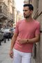 Men's Salmon Crew Neck Ribbed Knitted Straight Line Regular Fit Short Sleeve T-Shirt - 5
