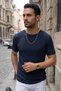 Men's Navy Blue Crew Neck Ribbed Knitted Straight Line Regular Fit Short Sleeve T-Shirt - 7