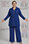 Plus Size Women's Summer High Quality Modal Linen Two-Piece Mom Set Zipper Shirt Pants Comfortable Fit Navy Blue