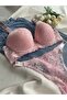 Women's Pink Lace Rhinestone Underwire Push up Padded Push up Bra Set Underwear Set - 6