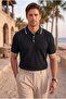 Balzac Collar Striped Buttoned Polo Collar Basic Daily Honeycomb Knit Knitwear Men's T-Shirt - Black - 4