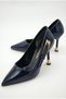 Women's Special Design Thin Heeled Navy Blue Patent Leather Stiletto with Metal Accessories - 4