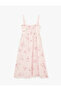 Cotton Lace Bow Detailed Square Neckline Striped Floral Long Strap Dress - 4