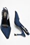 Women's Navy Blue Suede Pointed Toe Thick Sole Open Back Gold Detailed Heeled Shoes - Stiletto