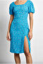 Women's Blue Back Detailed Slit Square Neck Short Sleeve Floral Patterned Dress 60261462 - 4