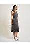Women's Regular Fit Round Collar Cotton Strappy Midi Length Stone Patterned Gray Dress - 4