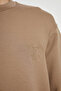 Men's Comfortable Double Jersey Round Neck Logo Embroidered Brown Sweatshirt - 4