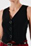 Women's High Quality Fabric V-Neck Gold Button Detailed Crop Black Vest - 5