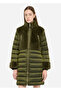 Women's Stand Collar Long Sleeves Furry Inflatable Quilted Pattern Green Jacket
